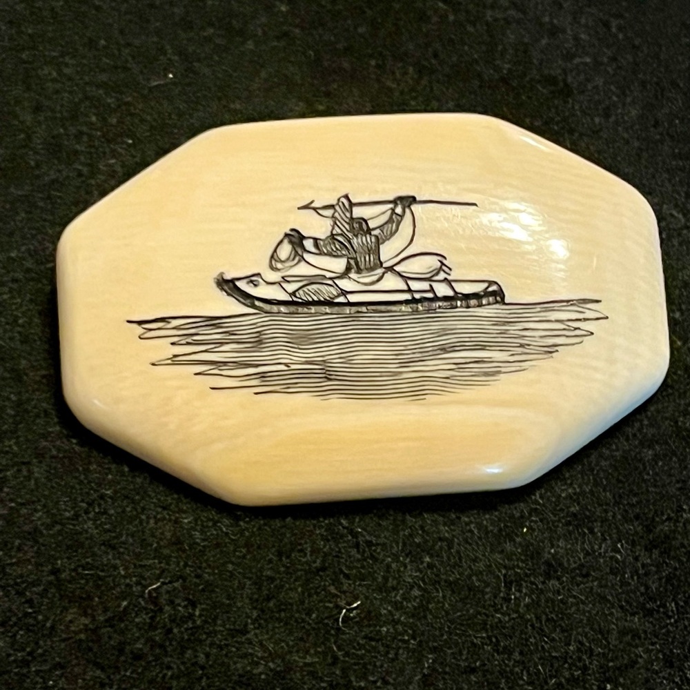 Vintage Scrimshaw Brooch Inuit Hunter in Kayak Scene